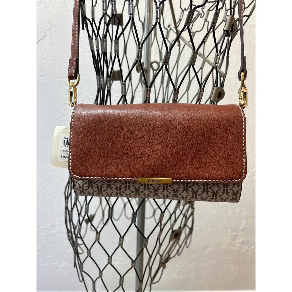 Fossil Jori Crossbody Wallet Chain Monogram Bag Taupe Tan Vegan Leather